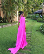 Fuchsia One Shoulder Prom Dress With Draped Sleeves Halter Neck Formal Party Gown Evening Dress    cg25126