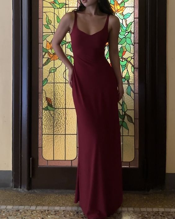 Floor Length Burgundy Prom Gown Evening Dress