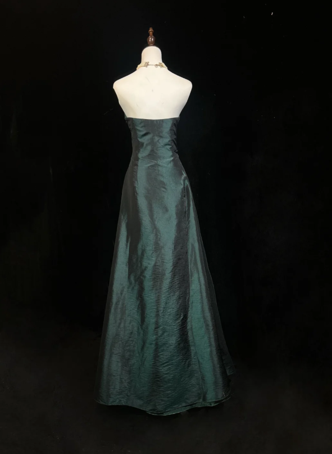Unique Sweetheart Neck Green Satin Beaded Appliques A Line Wedding Guest Dress Long Birthday Party Dress Evening Gown