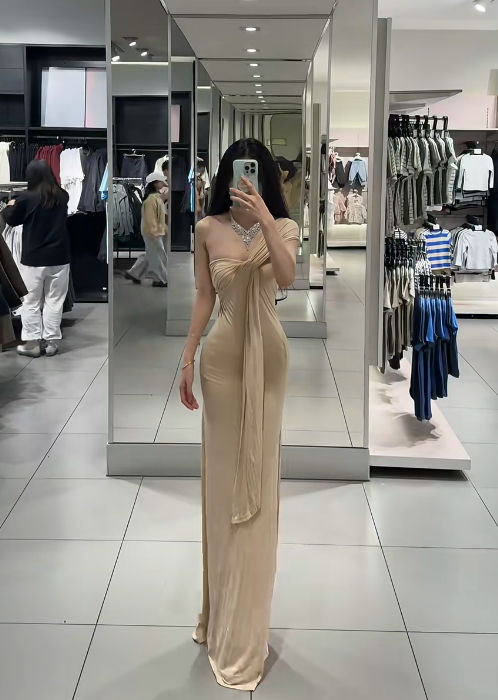 Light brown one-shoulder waist-cinching slim-fit bodycon sexy long prom dress R7913