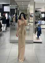 Light brown one-shoulder waist-cinching slim-fit bodycon sexy long prom dress R7913