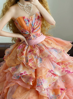 Light Pink Floral Strapless Waist-Cinched Puff-Skirt Ball Gown & Bridal Gown R7368