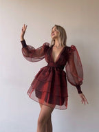 Burgundy Polka Dots Mesh Tiered Ruffled Mini Length Tulle Short Prom Dresses Sexy Deep V Neck Latern Sleeve Party Dress       cg25115