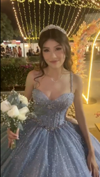 Glitter Spaghetti Straps Blue Tulle Sequin Beaded Ball Gown Formal Birthday Quinceanera Dress