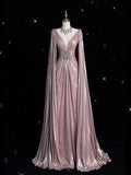 Luxury A line Evening Prom Dress Long Sleeve V neck Shiny Custom Made Party Gowns