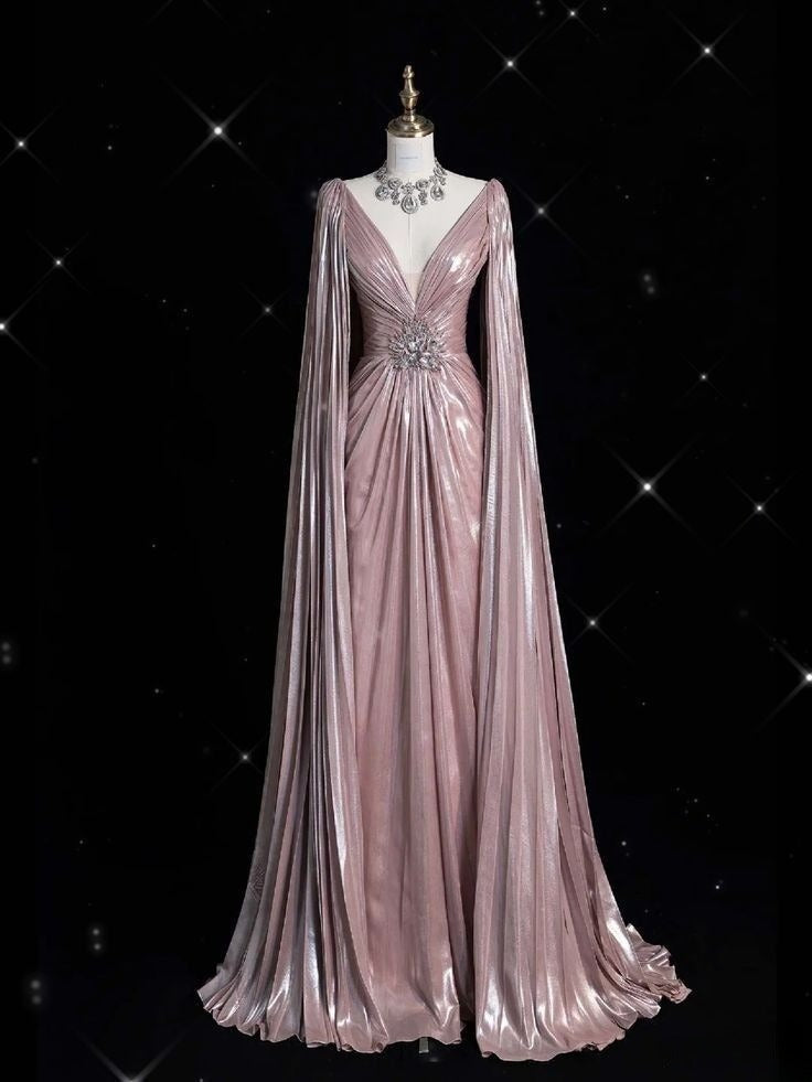 Luxury A line Evening Prom Dress Long Sleeve V neck Shiny Custom Made Party Gowns