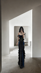 Black off-the-shoulder fitted waist slimming hip-hugging sexy long ball gown R8032