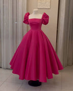 Puffy Sleeves Ankle Length Satin Ball Gown