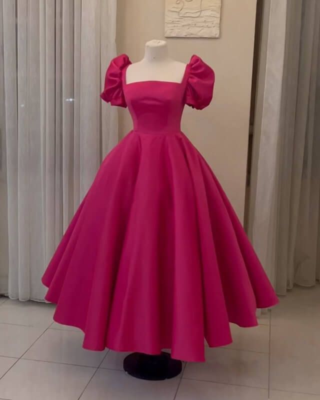 Puffy Sleeves Ankle Length Satin Ball Gown