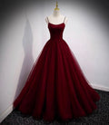 Burgundy tulle long prom dress A line evening gown