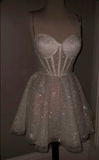 Cute A Line Spaghetti Straps White Sequin Mini Short Formal 8th Grade Homecoming Dresses Summer Middle School Homecoming Outfits      cg26012