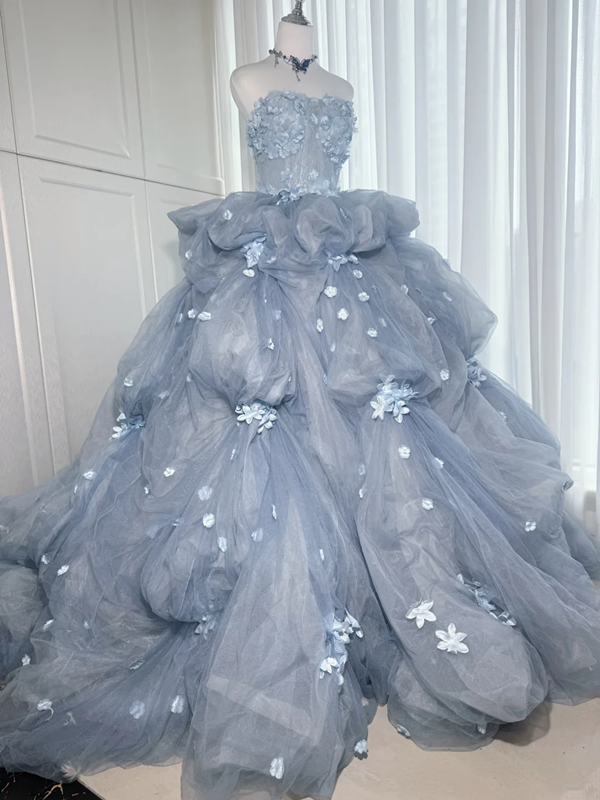 Light gray-blue strapless, fitted waist, three-dimensional floral, full skirt, long ball gown R8368
