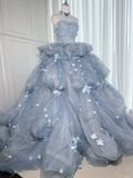 Light gray-blue strapless, fitted waist, three-dimensional floral, full skirt, long ball gown R8368