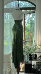 Unique Green Halter Satin Chiffon Beaded Long Party Dress Evening Gown