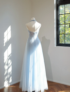 Fairy Halter V Neck Sky Blue Tulle Sequin Beaded A Line Long Prom Dress Party Gown
