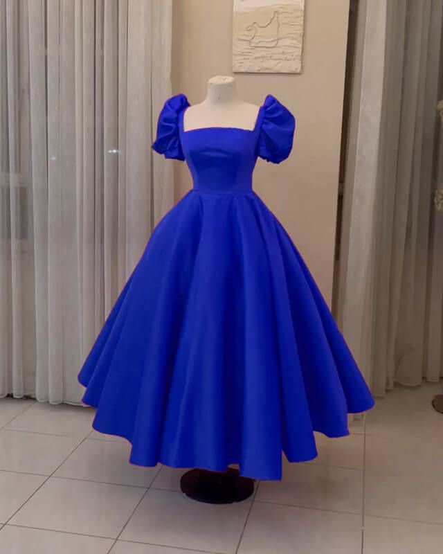 Puffy Sleeves Ankle Length Satin Ball Gown