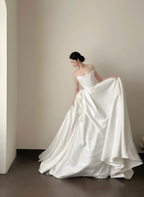 White strapless, waist-cinched, full-skirted floor-length prom gown R7953