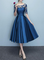 Blue Short Sleeves Tea Length Prom Dress, Blue Bridesmaid Dresses, Wedding Party Dresses Y1323