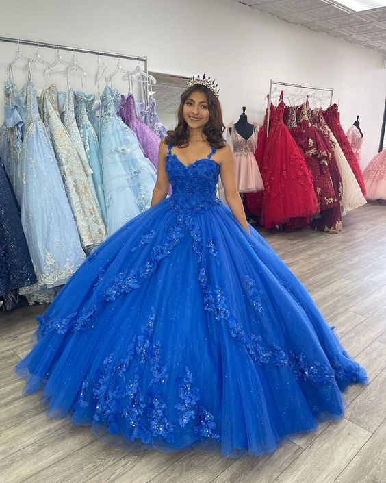 Royal Blue Quinceanera Dresses Lace Appliques Off Shoulder Tulle Evening Gowns