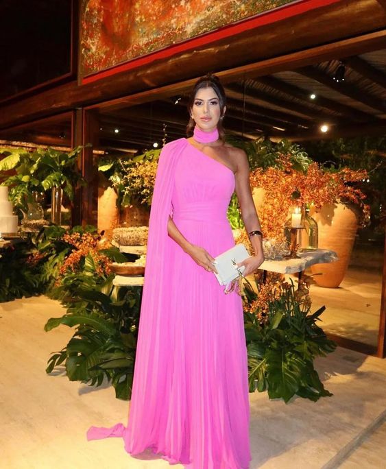 Fuchsia One Shoulder Prom Dress With Draped Sleeves Halter Neck Formal Party Gown Evening Dress    cg25126