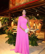 Fuchsia One Shoulder Prom Dress With Draped Sleeves Halter Neck Formal Party Gown Evening Dress    cg25126