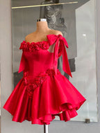 Red Cocktail Party Dress with 3D Flowers Off The Shoulder Elegant Evening Gown for Women