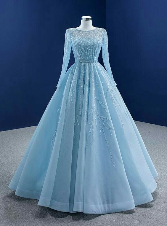 Tulle A Line Elegant Light Blue Evening Dress New O Neck Sequined Lace Formal Prom Gowns
