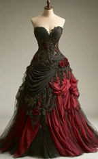 Gothic Victorian Wedding Dress Pleated Floral Rose 3D Custom Black Burgundy Gown