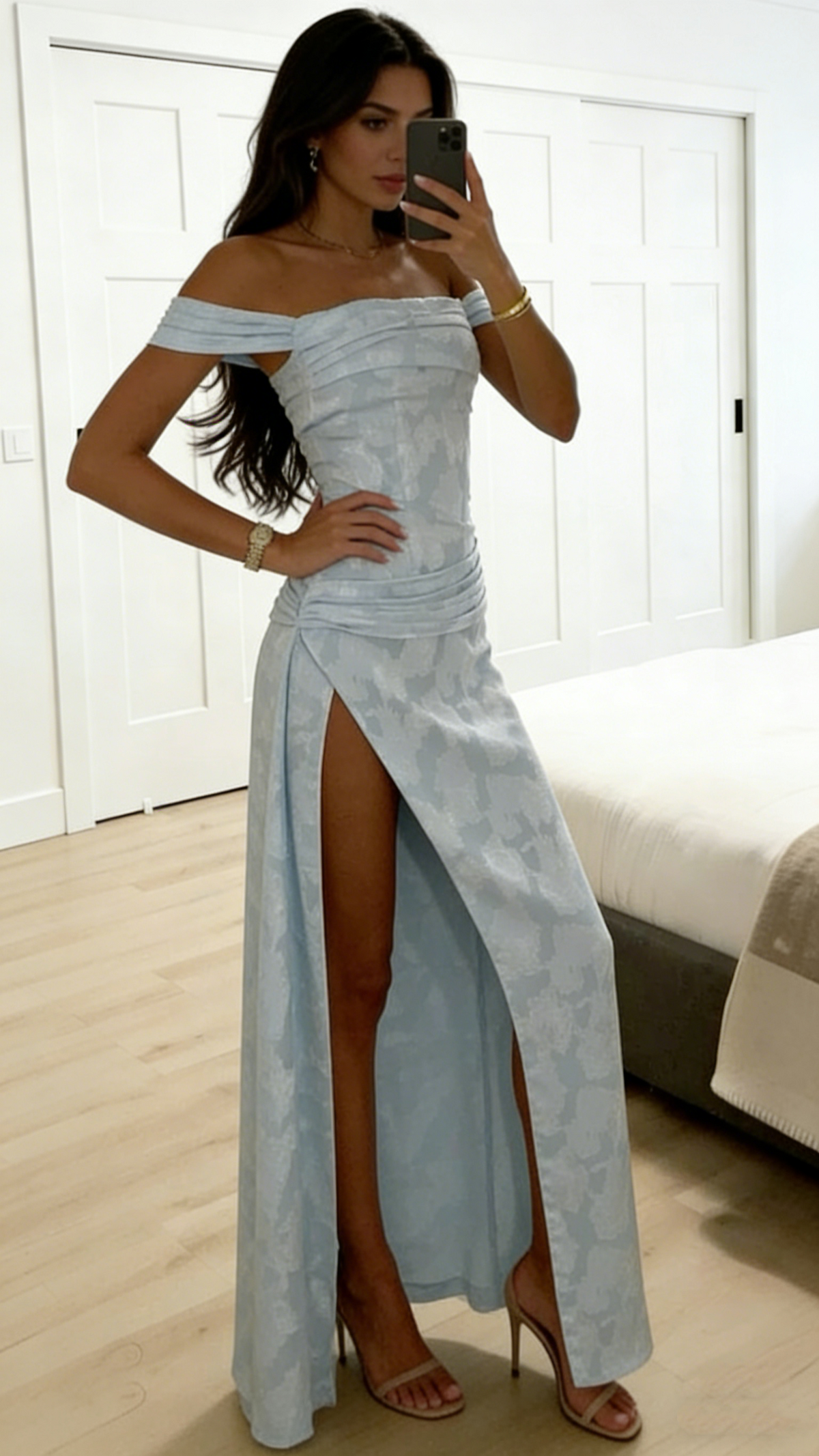 Pretty Off The Shoulder Blue Satin Print Floral Slit Long Party Dress Birthday Dress SP2042