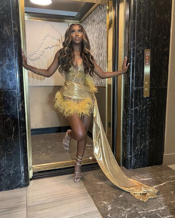 Sexy Black Girls Birthday Dresses Gold Rhinestone Feathers Mini Cocktail Party Gowns Women Club Outfit Vestidos De Gala