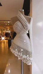 Chic White Cocktail One Shoulder Fringed Cocktail Dresses Above Knee Mini Homecoming Dress Y874