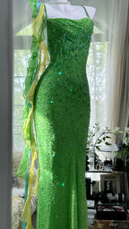 Vintage Evening Dresses, Green Sequin Mermaid Sleeveless Long Party Gowns  cg25530