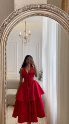 Elegant Short Satin Halter Evening Dresses Muslim Backless A Line Red Dress Formal Dress Pleated Tea Length Gowns