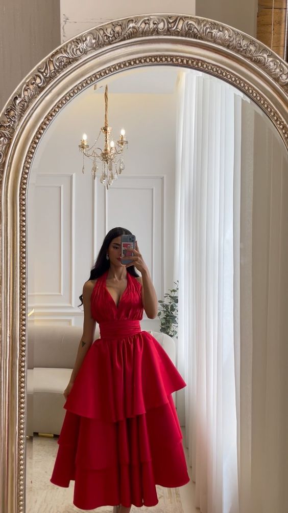 Elegant Short Satin Halter Evening Dresses Muslim Backless A Line Red Dress Formal Dress Pleated Tea Length Gowns