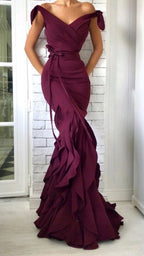 V Neck Off Shoulder Evening Gown with Elegant Bow Tie at Waist