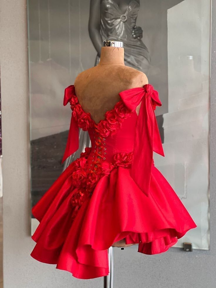 Red Cocktail Party Dress with 3D Flowers Off The Shoulder Elegant Evening Gown for Women