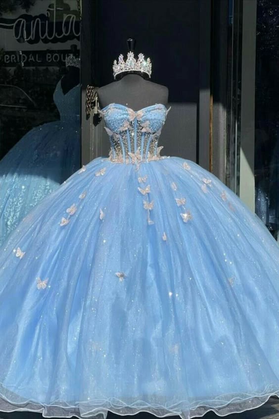 Sky Blue Quinceanera Dresses 3D Butterfly Sweet 16 Prom Birthday Party Ball Gown