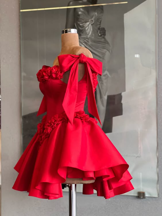 Red Cocktail Party Dress with 3D Flowers Off The Shoulder Elegant Evening Gown for Women
