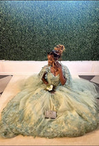 Green Quinceanera Dresses For Sweet 16 Girls Appliques Princess Ball Gowns Tull 15 Vestidos