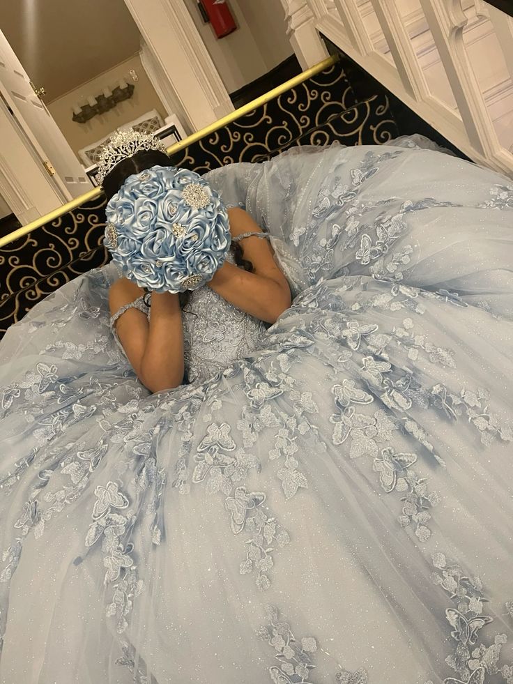 Light Blue Appliques Tulle Lace Quinceanera Dress Ball Gown