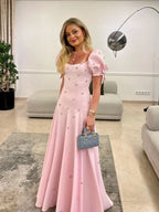 Pink Elegant Short Sleeves Prom Dress Evening Gown