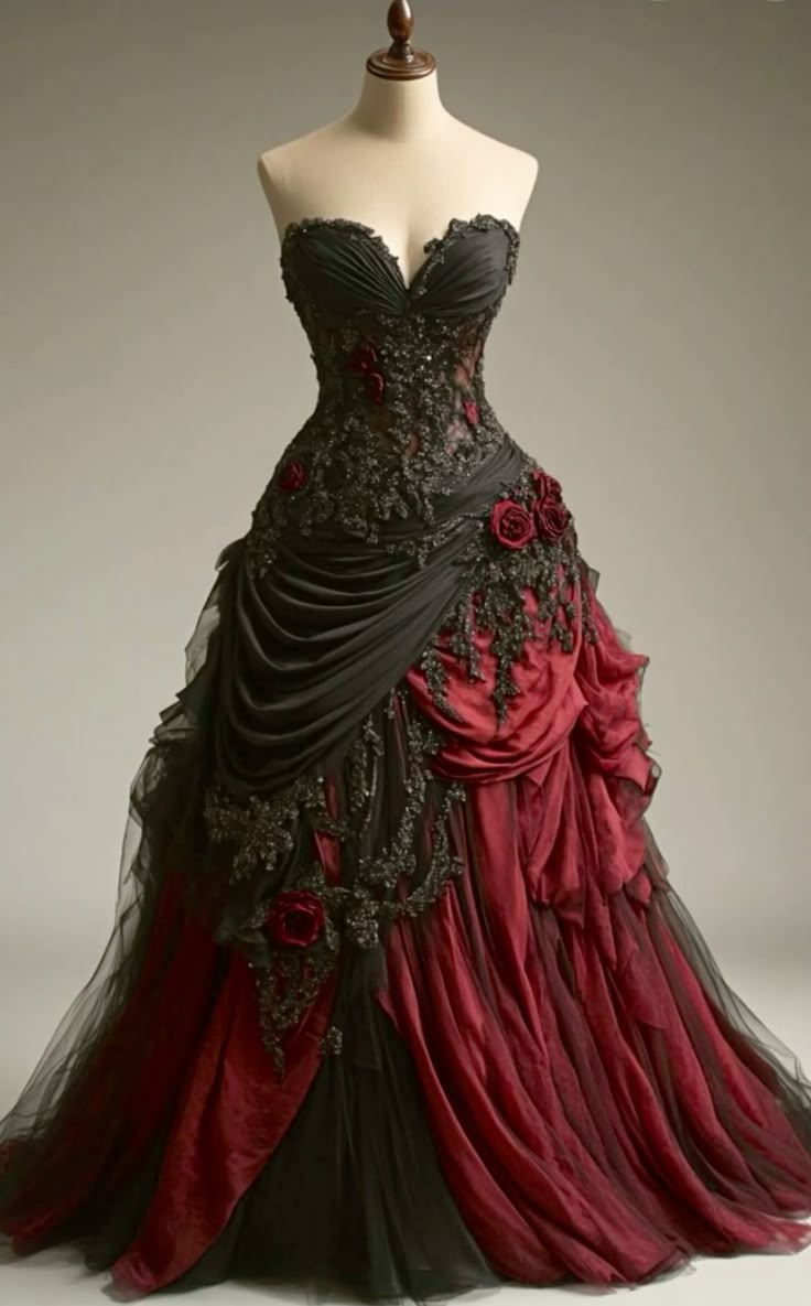 Gothic Victorian Wedding Dress Pleated Floral Rose 3D Custom Black Burgundy Gown