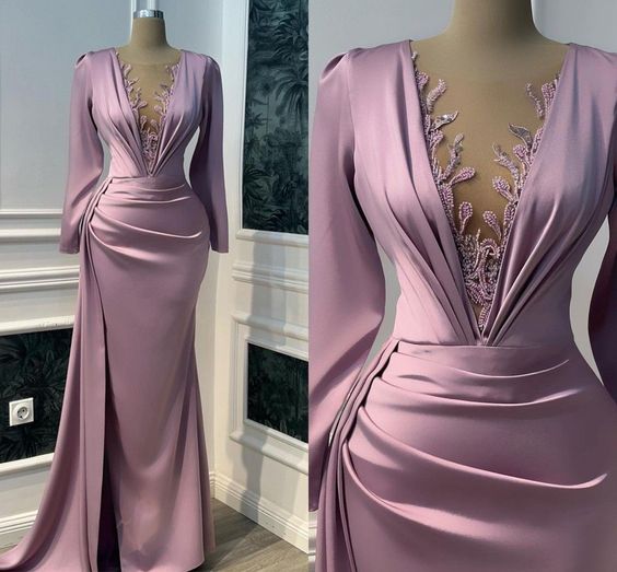 Vintage Prom Dresses Long Sleeve Illusion V neck Mermaid Evening Dress Floor Length Saudi Arabia Cocktail Party Gowns