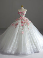Flower Fairy White Lace Appliques Flower Wedding Dress 2025 Ball Gown Strapless Sleeveless Backless Court Train Wedding Dress   cg25904