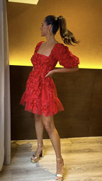 Red Tulle Cocktail Dresses EXquisite 3D Flowers Zipper Back Short Sleeves Square Neck Sexy A Line Party Gowns Homecoming Dress