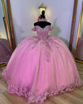 Pink Off The Shoulder Beading Crystal Quinceanera Dresses Ball Gown 3D Flowers Appliques Lace Sweet 15 Vestidos De XV Años