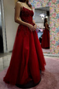 A Line Burgundy Shiny Tulle Long Party Dress Evening Dress Prom Dresses     cg25673
