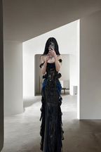Black off-the-shoulder fitted waist slimming hip-hugging sexy long ball gown R8032