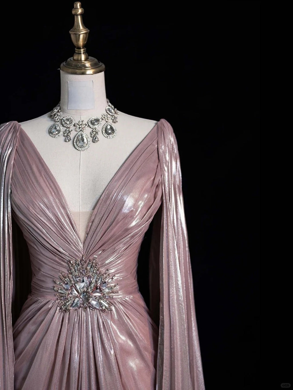 Luxury A line Evening Prom Dress Long Sleeve V neck Shiny Custom Made Party Gowns
