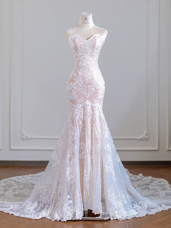 Light pink strapless fitted waist bodycon long lace ball gown/bridal dress R8247